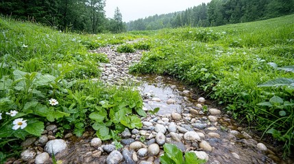 Wall Mural - Small stream flows through lush green meadow.