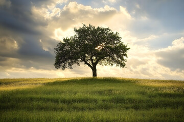 Wall Mural - Lone tree standing on a grassy hill under a dramatic cloudy sky with sunlight breaking through, creating a serene and picturesque natural landscape, ideal for peaceful designs