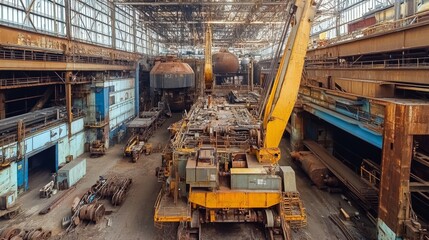 An industrial interior showcasing machinery and equipment in a large workshop area.