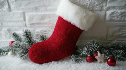 Wall Mural - add some holiday spirit with a beautiful red and white christmas stocking waiting to be filled with goodies and gifts against a bright white background