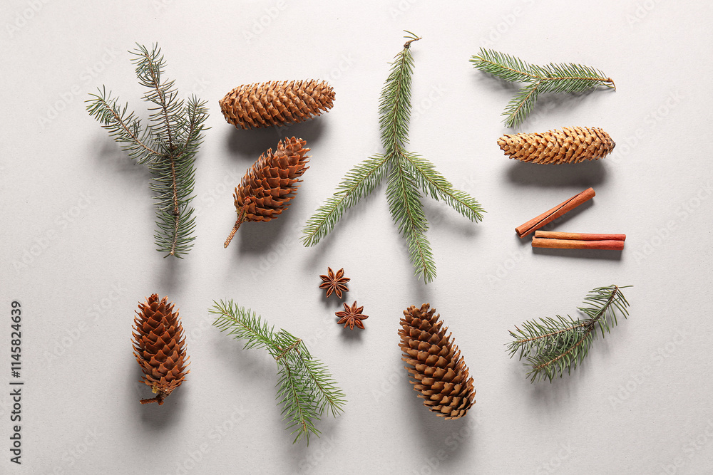 Pine cones with fir branches, cinnamon and star anise on light background