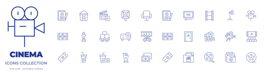 Cinema icons collection. Thin Line icons, editable stroke. door, chair, clapperboard, movie, photographic film, projector, script, seat, spotlight, popcorn, trophy, hd film