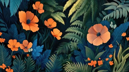 Wall Mural - Vibrant botanical background featuring lush ferns and colorful flowers in a rich green landscape and a striking color palette