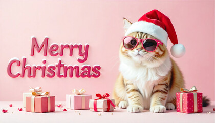 Wall Mural - Christmas greeting card with cool cat wearing a plush Santa hat and gifts scattered around isolated on a pink background