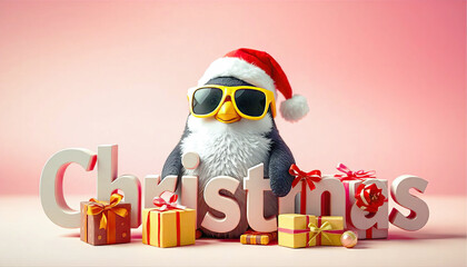 Wall Mural - Christmas Greeting card with Cool penguin wearing santa hat and surrounded by gifts isolated on pink background