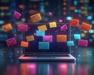 Poster - Vibrant digital concept of email communication with a laptop and colorful envelopes, symbolizing fast notifications, online messaging, and digital connectivity
