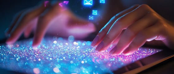 Aufkleber - Closeup of hands interacting with a tablet, with email and message icons hovering above, symbolizing the future of digital communication and technology