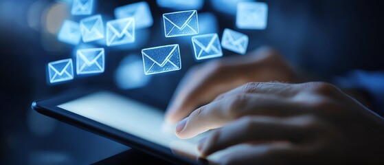 Fototapete - Closeup of hands interacting with a tablet, with email and message icons hovering above, symbolizing the future of digital communication and technology