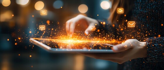 Fototapete - Closeup of hands interacting with a tablet, with email and message icons hovering above, symbolizing the future of digital communication and technology