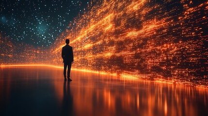 Man observes a digital data stream wall