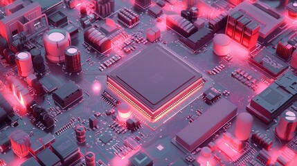 A silicon microchip embedded in a circuit board, surrounded by capacitors, resistors, and transistors in a clean layout