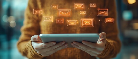 Fototapete - Closeup of hands on a tablet, with floating email and message icons, symbolizing the integration of technology in modern communication