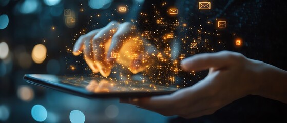 Aufkleber - Closeup of hands using a tablet with email and message icons floating, symbolizing modern communication and technology