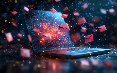 Fototapete - Colorful digital communication concept with a laptop and envelopes, symbolizing the power of online messaging, notifications, and digital connectivity