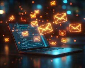 Aufkleber - Colorful digital concept of email communication with a laptop and envelopes, representing the modern world of online messaging and connectivity