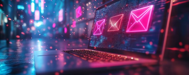 Poster - Colorful digital email communication concept with a laptop and envelopes, symbolizing online messaging, notifications, and connectivity
