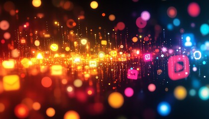 Poster - Colorful email, message, and technology icons illuminated on a dark background, representing the world of digital communication and social media connectivity