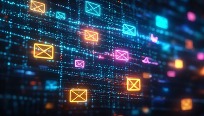 Aufkleber - Colorful email, message, and technology icons on a dark background, representing digital communication and social media connectivity