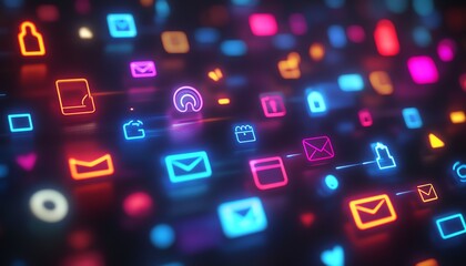 Poster - Colorful email, message, and technology icons illuminated on a dark background, representing the world of digital communication and social media connectivity