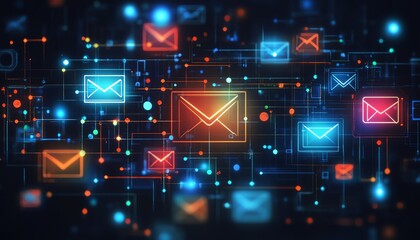 Aufkleber - Colorful email, message, and technology icons on a dark background, representing digital communication and social media connectivity