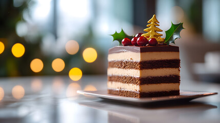 Wall Mural - A beautifully decorated Christmas cake featuring layers and festive toppings, set against a blurred background.