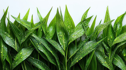 Wall Mural - Lush green leaves with water droplets on white background.