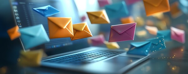 Poster - Email communication concept with a laptop, colorful envelopes, and notifications, representing the modern digital world of messaging and connectivity