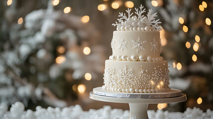 Wall Mural - A beautifully decorated three-tier cake with snowflake designs, set in a winter-themed environment.