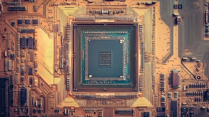 A top-down view of a microchip layout with precise etched lines, highlighting the advanced engineering of its design