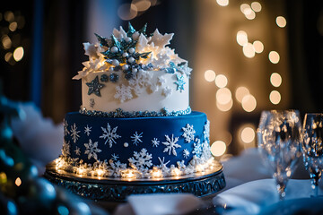 Wall Mural - A beautifully decorated two-tiered cake featuring snowflakes and winter motifs, illuminated with soft lights.