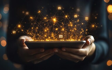 Fototapete - Hands holding a tablet with digital email and message icons, symbolizing modern communication, technology, and digital connectivity