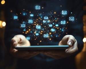 Fototapete - Hands holding a tablet with email and message icons hovering above, symbolizing the rapid growth of technology and communication in the digital age
