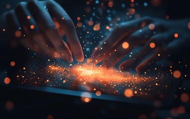 Fototapete - Hands using a tablet with email and message icons floating above, representing the evolution of communication and the role of modern technology