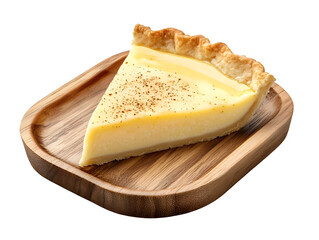 Wall Mural - Extreme front view of hyperrealistic slice of vanilla custard pie on a wooden tray isolated on a white transparent background