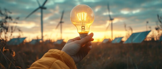 Aufkleber - A hand gripping a light bulb amidst wind turbines and solar panels, symbolizing the transition to clean, sustainable energy and ecological awareness