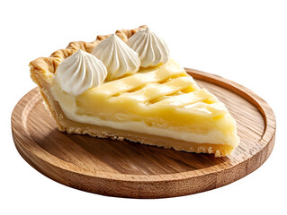 Wall Mural - Extreme front view of hyperrealistic slice of vanilla bean pie on a wooden tray isolated on a white transparent background
