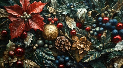 Wall Mural - Close up of intricate Christmas ornaments and greenery featuring poinsettias, pinecones, and festive berries for seasonal decor