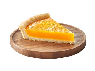 Wall Mural - Extreme front view of hyperrealistic slice of orange pie on a wooden tray isolated on a white transparent background