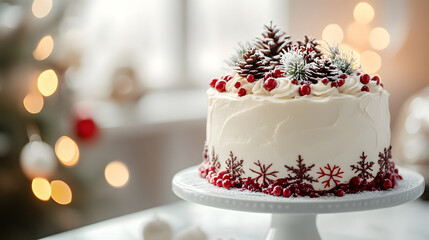 Wall Mural - A beautifully decorated Christmas cake displayed with holiday decorations.