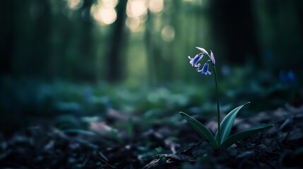 Wall Mural - A single bluebell flower in a shaded forest clearing, macro shot, Botanical style