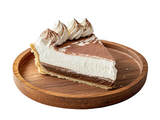 Wall Mural - Extreme front view of hyperrealistic slice of French silk pie on a wooden tray isolated on a white transparent background