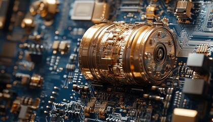 Aufkleber - Closeup of a gold processor on a blue circuit board with intricate connections, symbolizing advanced technology and innovation, ultradetailed, futuristic design