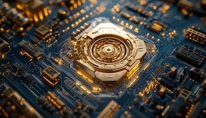 Aufkleber - Closeup of a gold processor on a blue circuit board with intricate connections, symbolizing advanced technology and innovation, ultradetailed, futuristic design