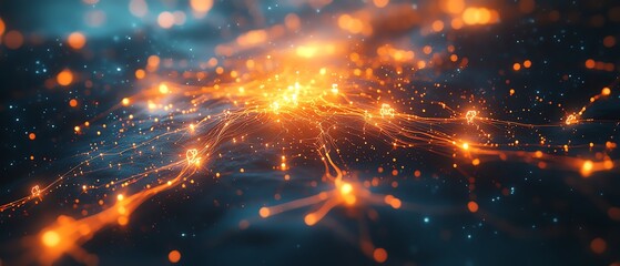 Aufkleber - Closeup of digital network with glowing circuit lines linking orange and white human icons on a dark blue background