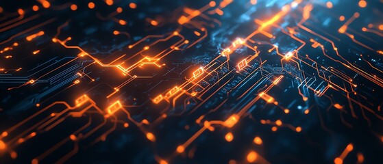 Aufkleber - Closeup of digital network with glowing circuit lines linking orange and white human icons on a dark blue background