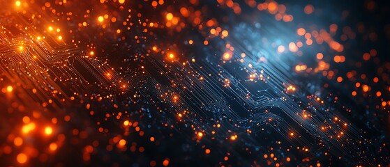 Aufkleber - Closeup of digital network with glowing circuit lines linking orange and white human icons on a dark blue background