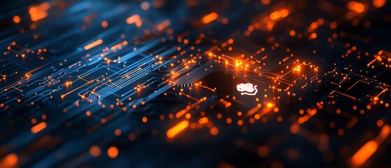 Aufkleber - Closeup of digital network with glowing circuit lines linking orange and white human icons on a dark blue background
