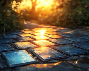 Poster - Detailed closeup of modern solar cells under radiant sunlight, highlighting renewable energy efficiency and sustainability, crisp detail, vivid contrast, photorealistic rendering