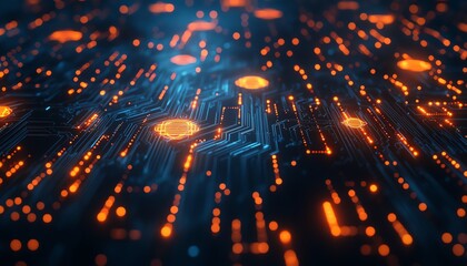 Poster - Digital network concept with glowing circuit lines connecting human icons in orange and white on a deep blue background, symbolizing technological progress and connectivity