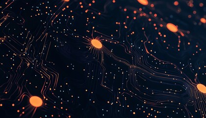 Poster - Digital network concept with glowing circuit lines connecting human icons in orange and white on a deep blue background, symbolizing technological progress and connectivity